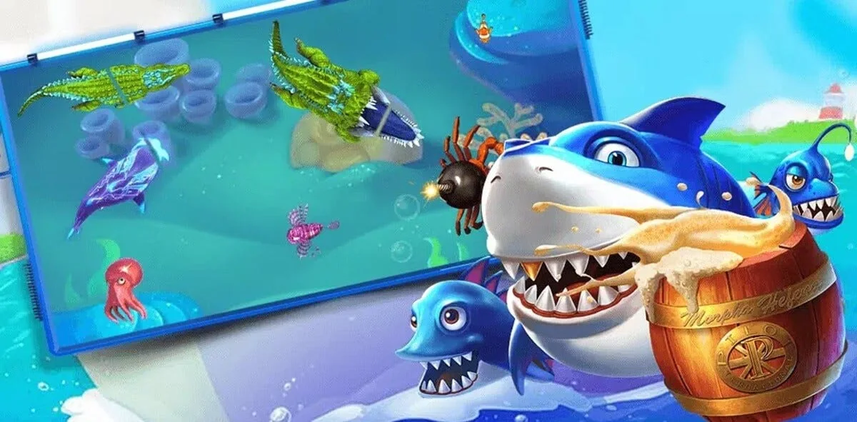 Adegan target ikan dan efek tembakan dalam permainan arcade bawah laut